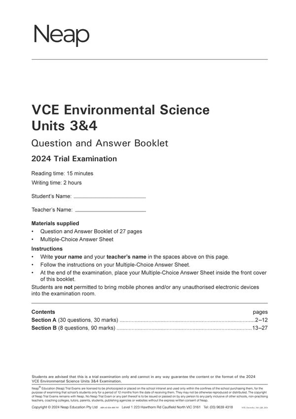 White front cover of a question and answer booklet by Neap, titled 'VCE Environmental Science Units 3&4 2024 Trial Examination'.