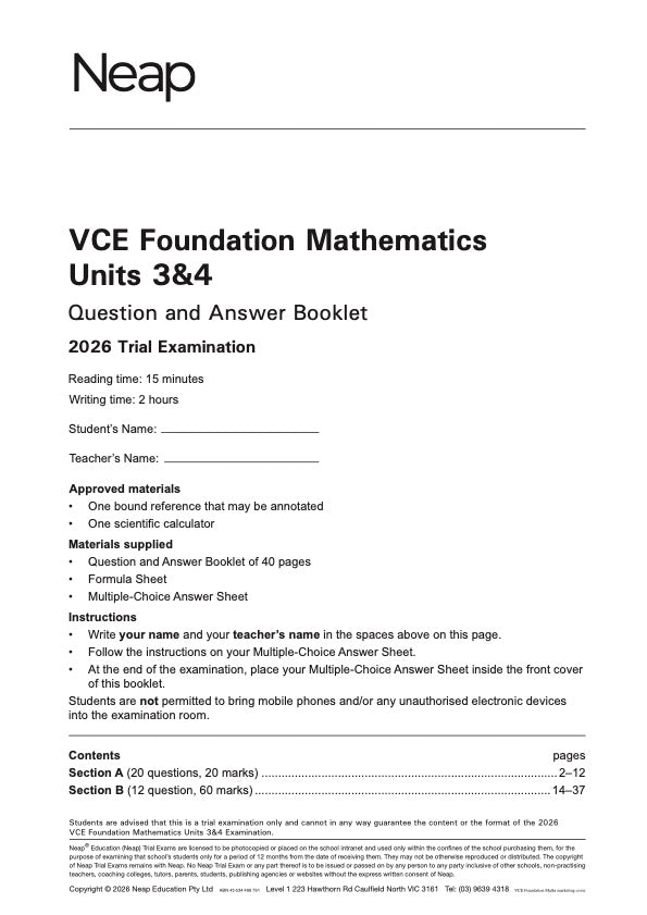 VCE Foundation Mathematics Units 3&4 Trial Exam booklet by Neap, featuring bold black text on a white front cover.