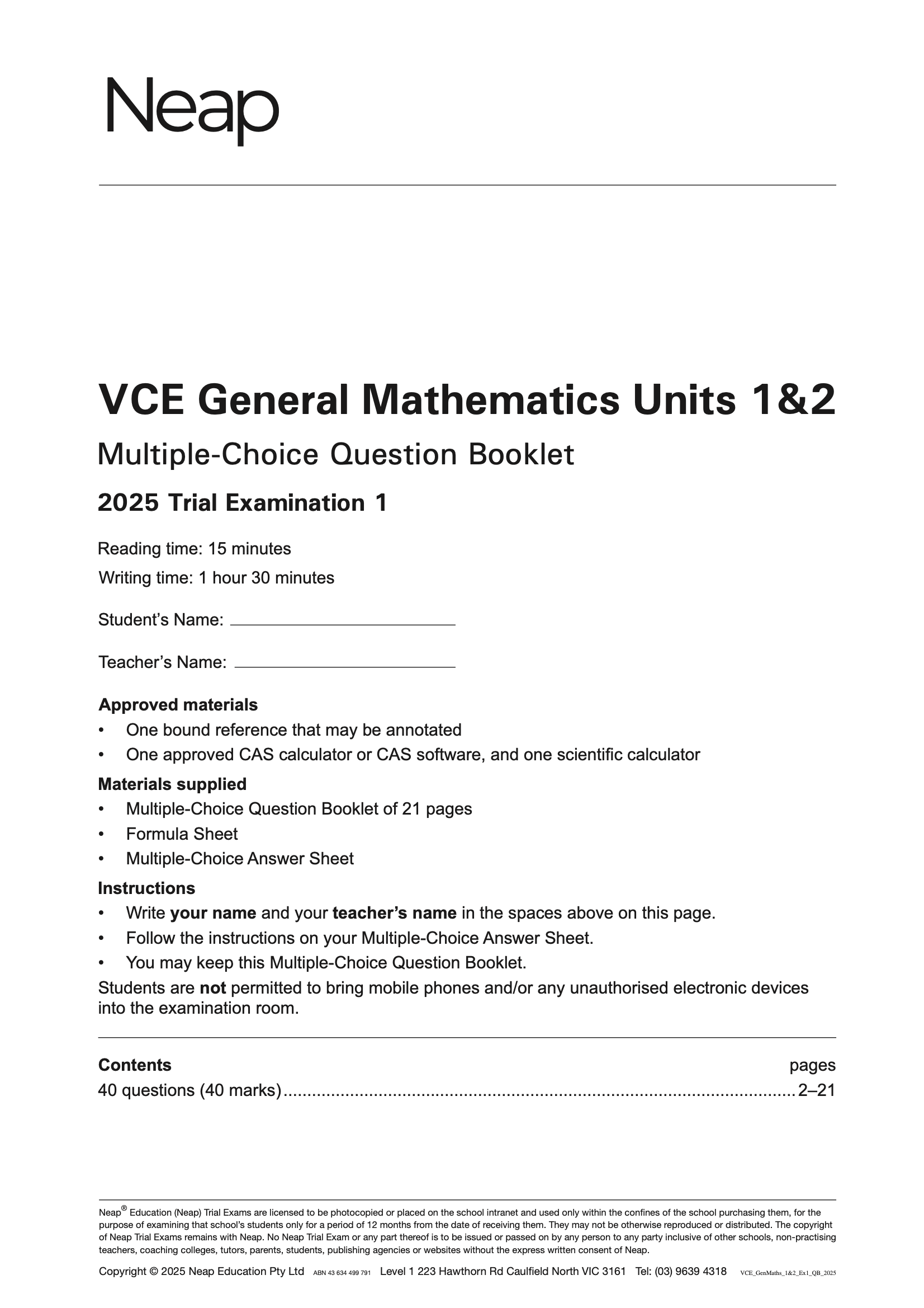 Neap Practice Exam Pack: VCE General Mathematics Units 1&2 2026 Edition (3 Exams)