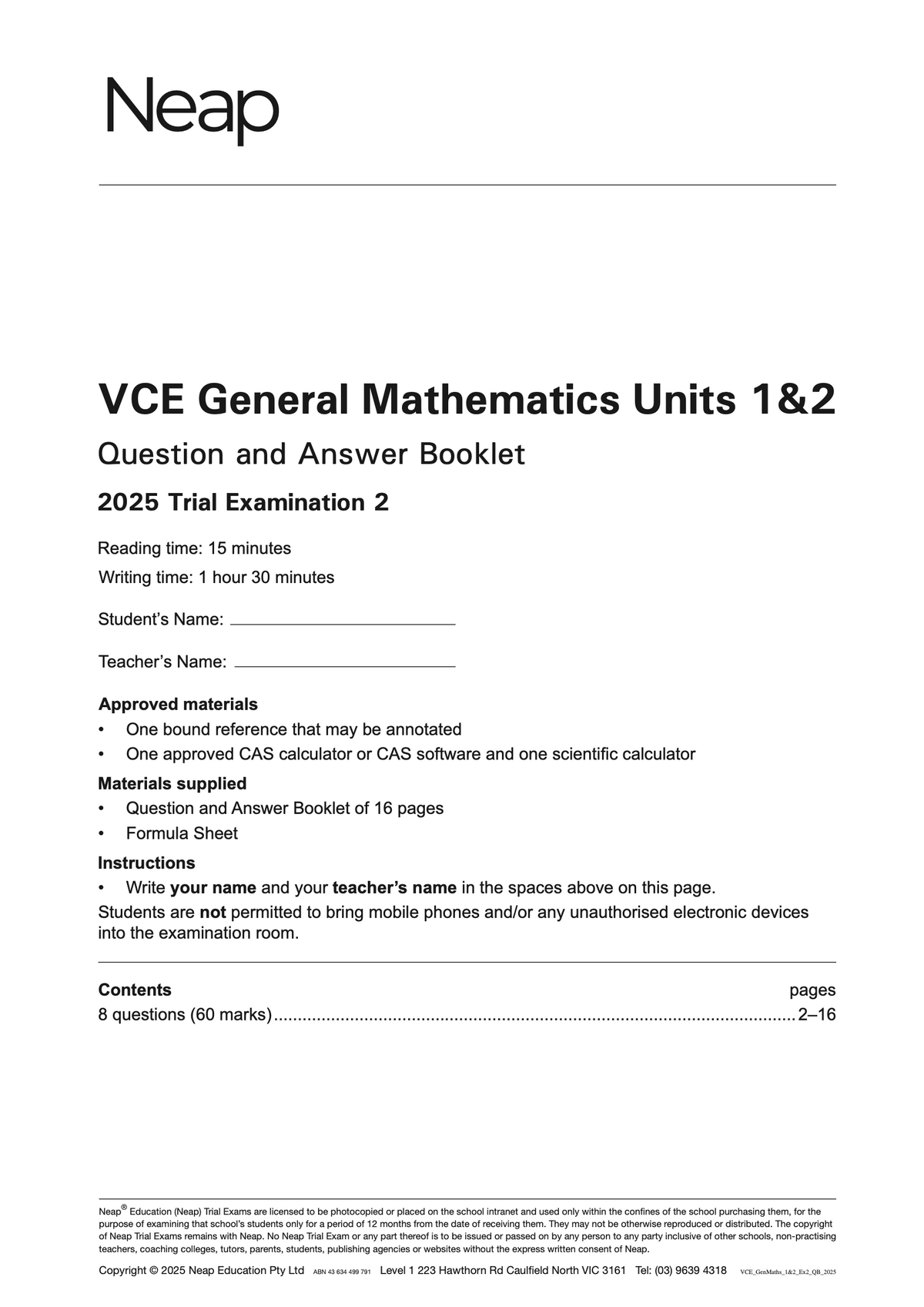 VCE General Mathematics Units 1&2 Trial Exam booklet by Neap, showing the front cover with exam details and instructions.