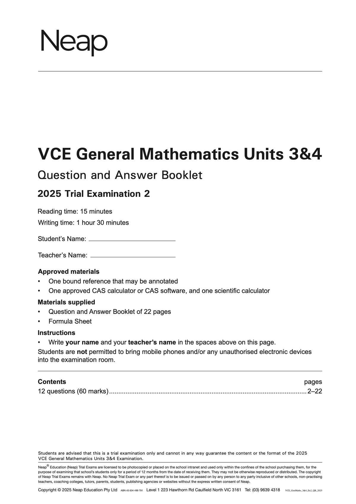 White VCE General Mathematics Units 3&4 Trial Exam Booklet by Neap, with black text details on the 2025 examination cover.
