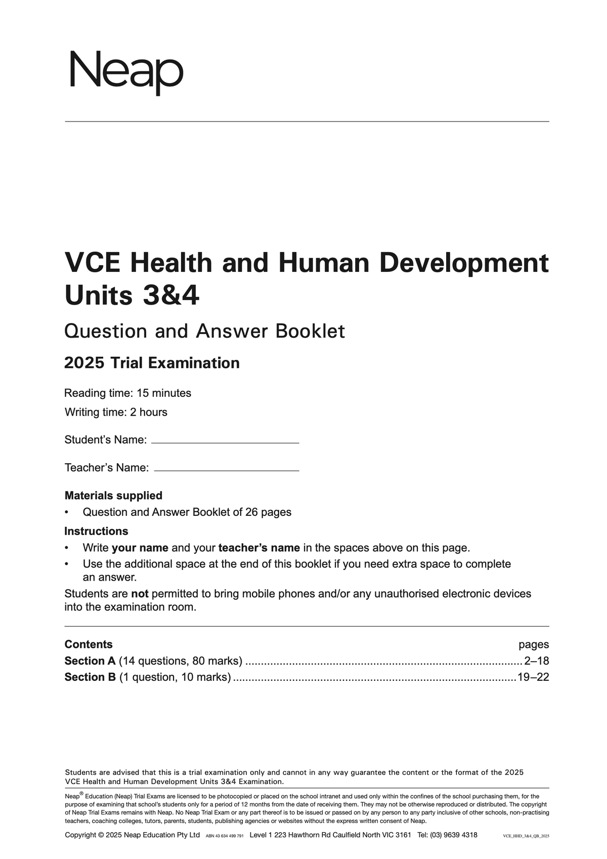 VCE Health & Human Development Trial Exam Booklet by Neap, white with black text, titled 'Units 3&4 Question and Answer Booklet' for a 2025 Trial Examination.