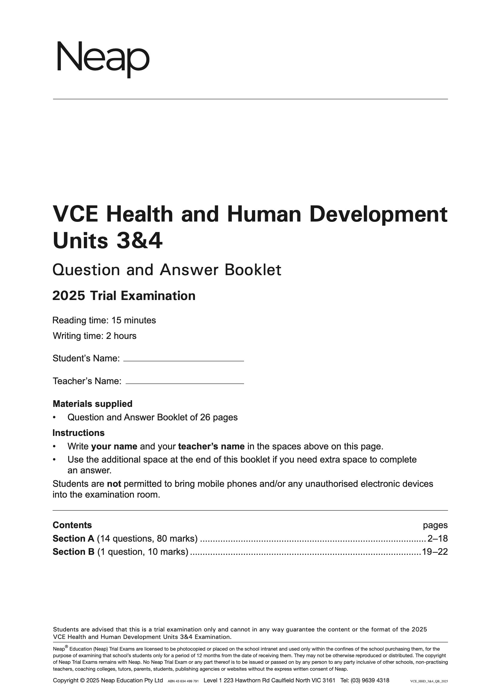 VCE Health & Human Development Trial Exam Booklet by Neap, white with black text, titled 'Units 3&4 Question and Answer Booklet' for a 2025 Trial Examination.