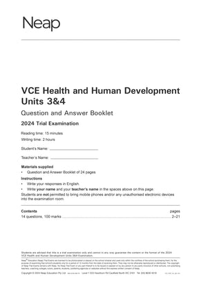 White VCE Health & Human Development Units 3&4 Trial Exam booklet by Neap, featuring "2024 Trial Examination Question and Answer Booklet" in black text.