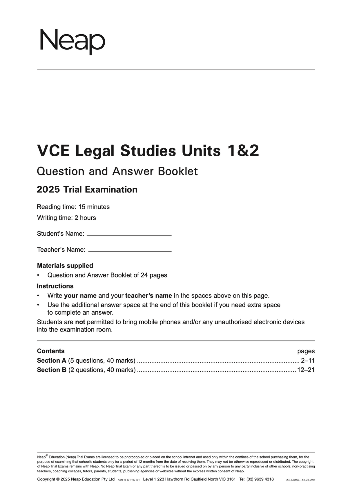 VCE Legal Studies Units 1&2 2025 Trial Examination Booklet by Neap, with black text on a white cover.