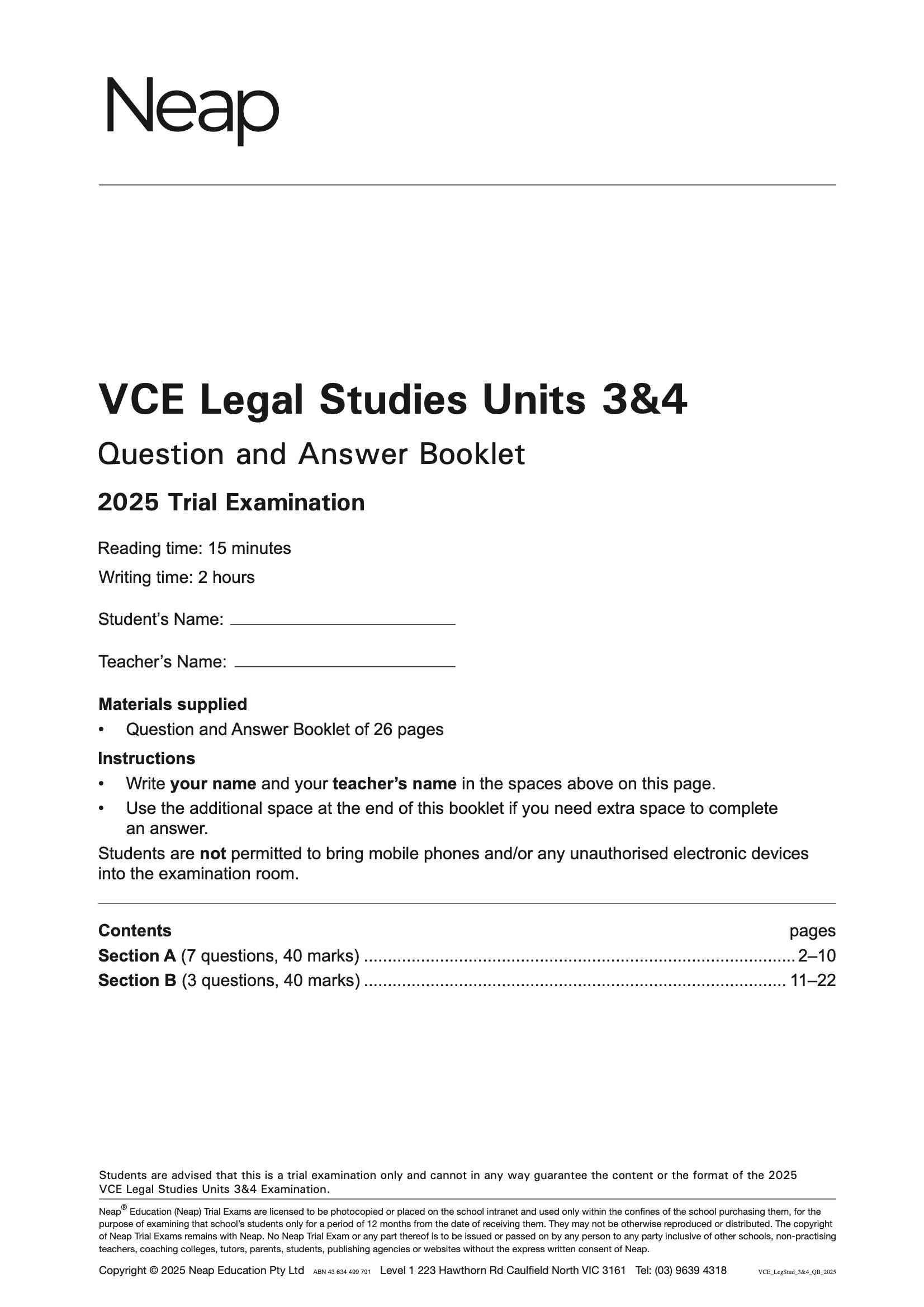 VCE Legal Studies Units 3&4 Trial Exams