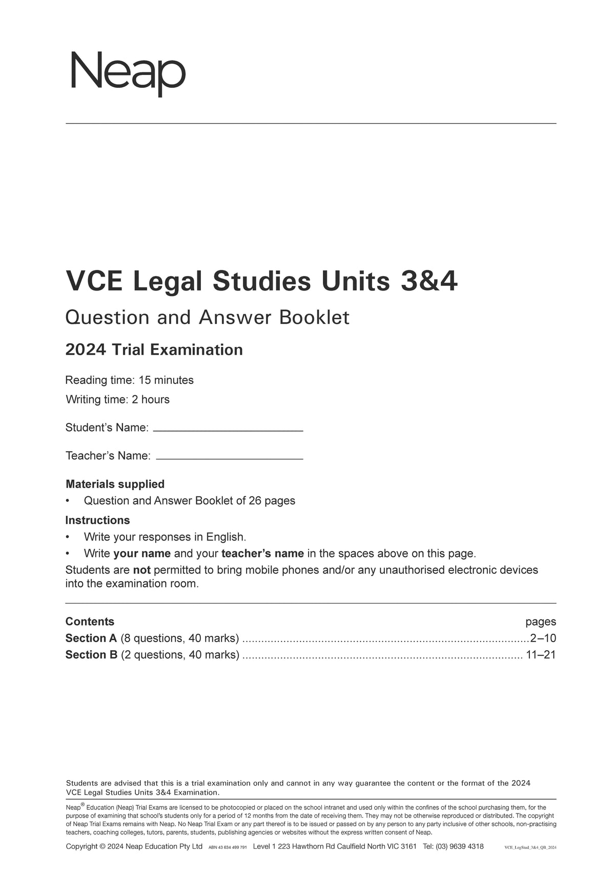 VCE Legal Studies Units 3&4 Trial Exams