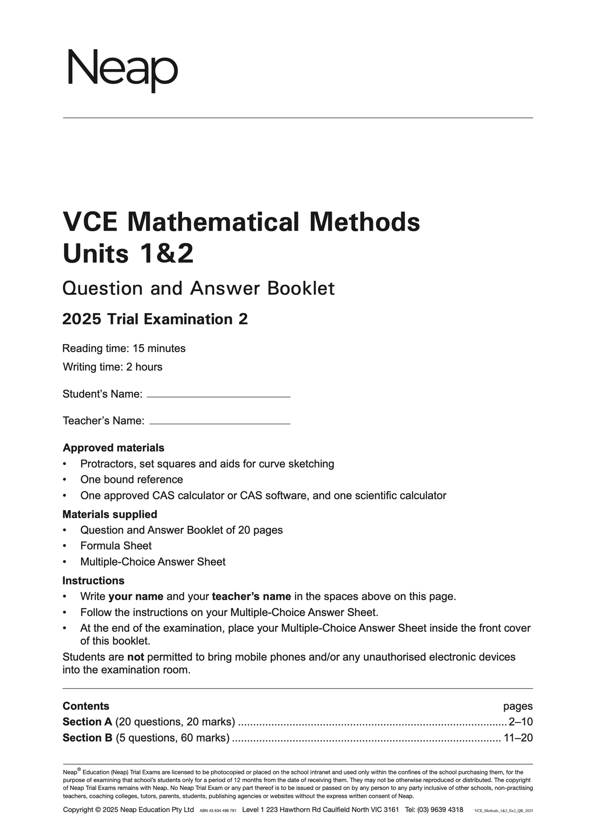 VCE Mathematical Methods Units 1&2 Trial Exam booklet by Neap, displaying the 2025 Trial Examination 2 front cover.