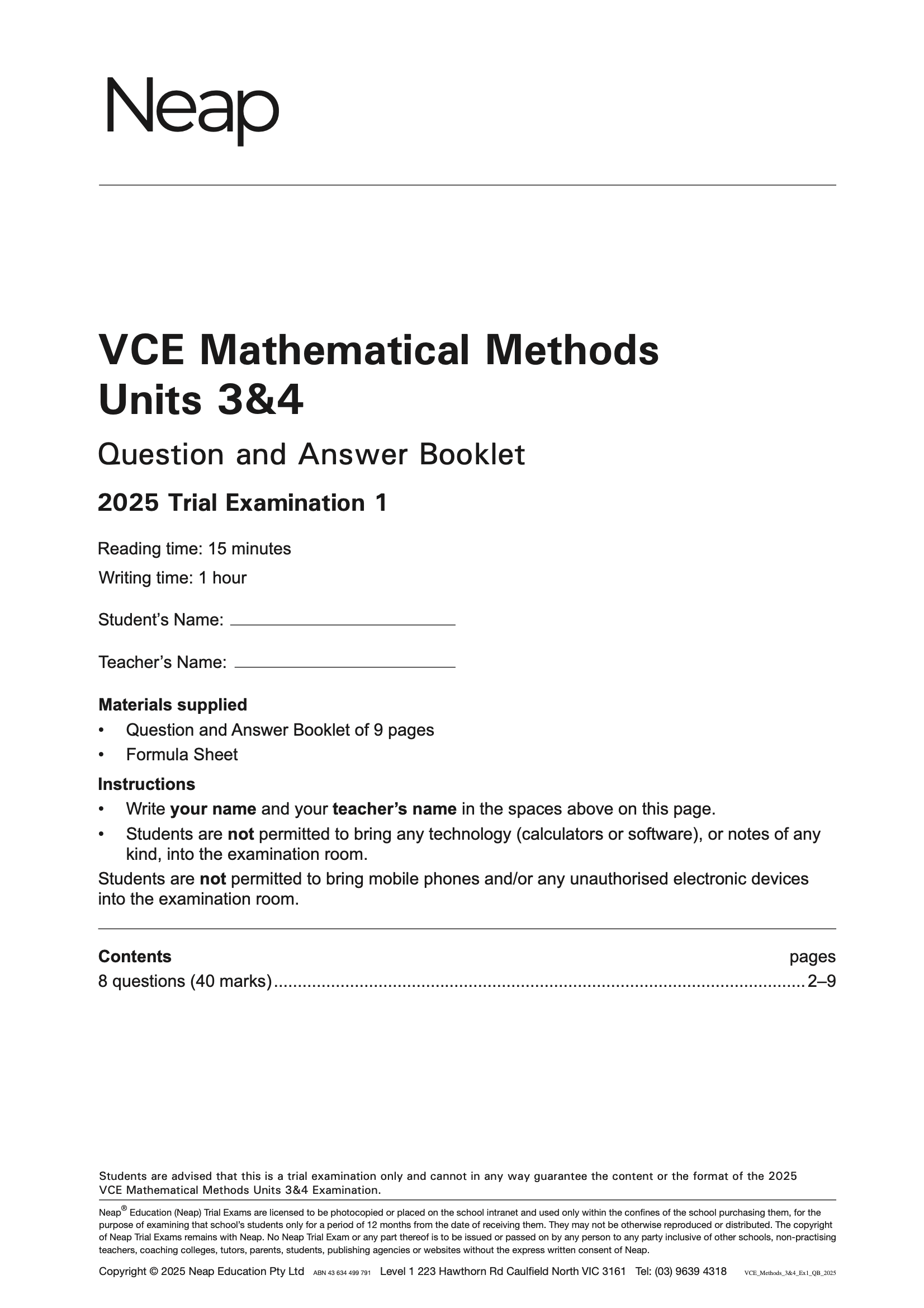 VCE Mathematical Methods Units 3&4 Trial Exams Question and Answer Booklet by Neap, with examination details on a white cover.