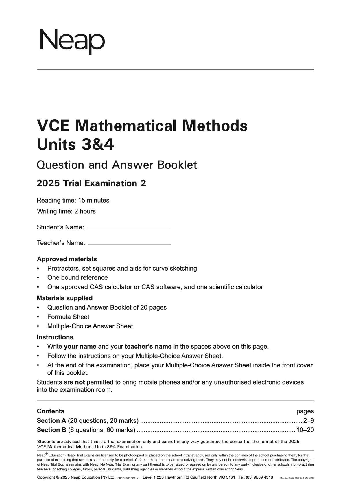 White VCE Mathematical Methods Units 3&4 Trial Exam booklet by Neap, displaying 'Question and Answer Booklet 2025 Trial Examination 2' title.