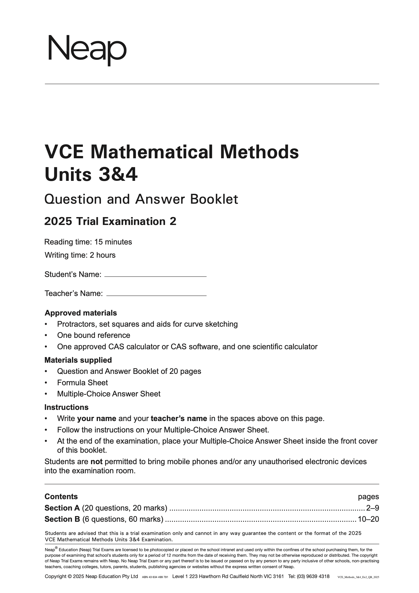 White VCE Mathematical Methods Units 3&4 Trial Exam booklet by Neap, displaying 'Question and Answer Booklet 2025 Trial Examination 2' title.