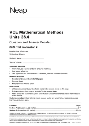White VCE Mathematical Methods Units 3&4 Trial Exam booklet by Neap, displaying 'Question and Answer Booklet 2025 Trial Examination 2' title.