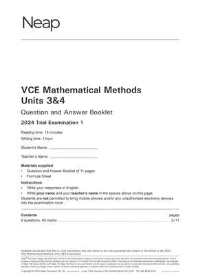 White VCE Mathematical Methods Units 3&4 Trial Exams booklet by Neap, displaying front page details and instructions.