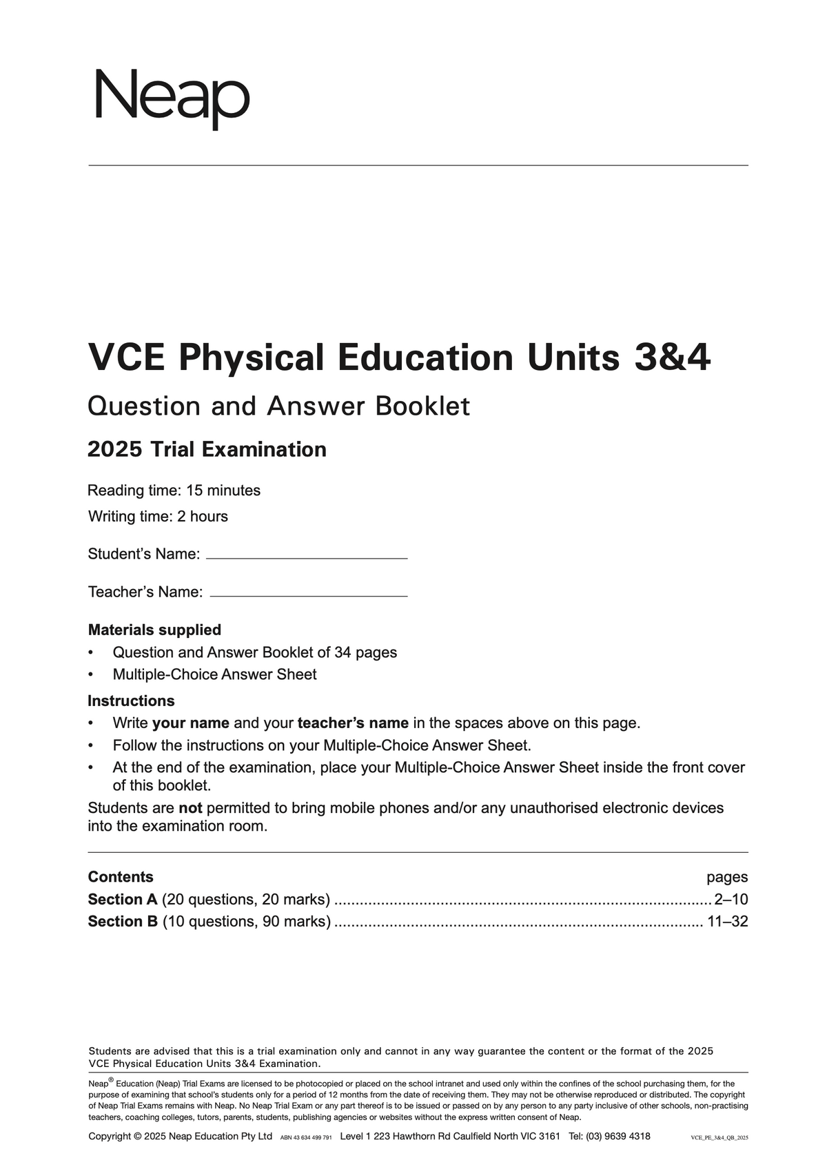 VCE Physical Education Units 3&4 Trial Examination booklet by Neap, showing the front cover with exam details in black text.