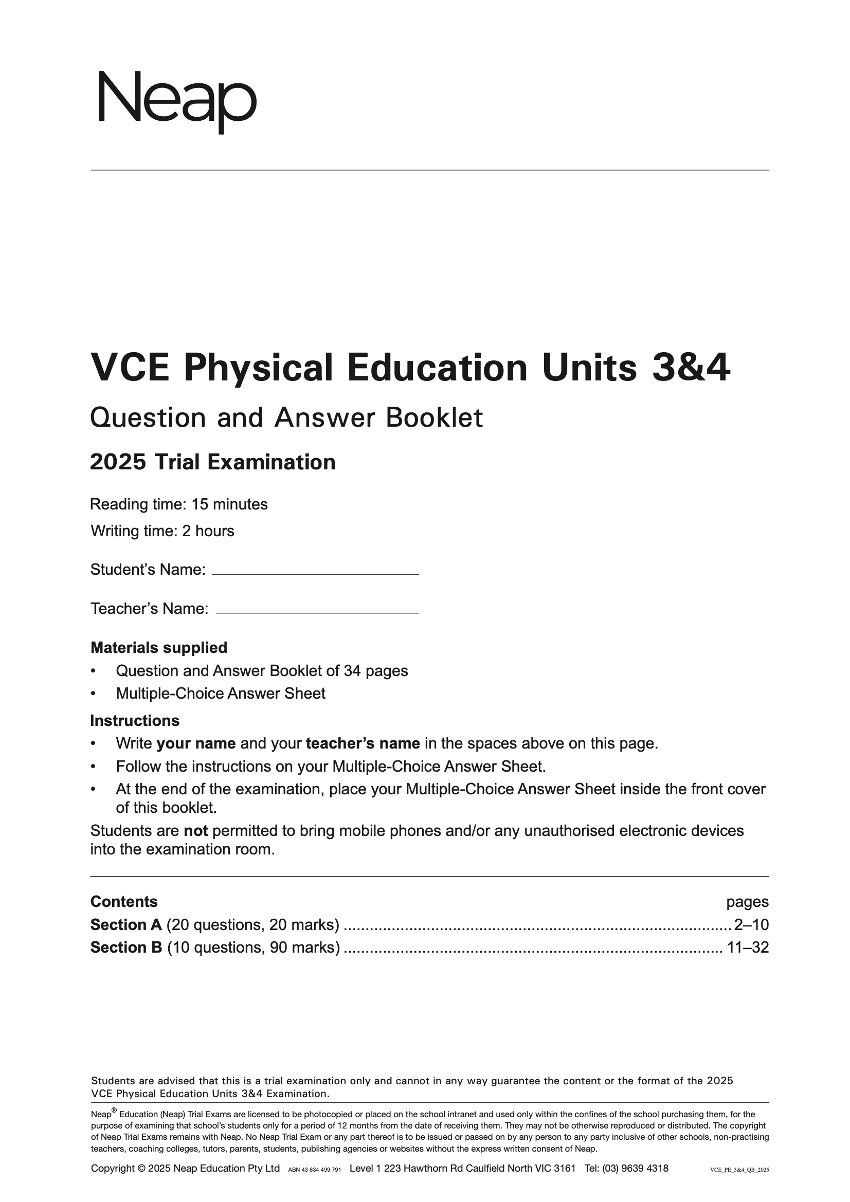 VCE Physical Education Units 3&4 Trial Examination booklet by Neap, showing the front cover with exam details in black text.