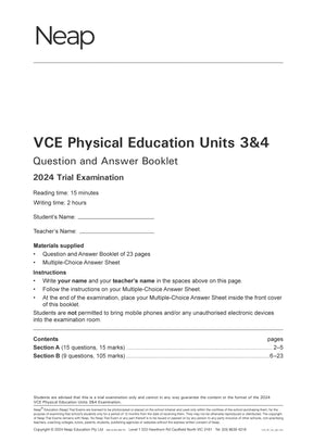 VCE Physical Education Units 3&4 Trial Exams booklet by Neap, showing title, instructions, and contents on a white background.