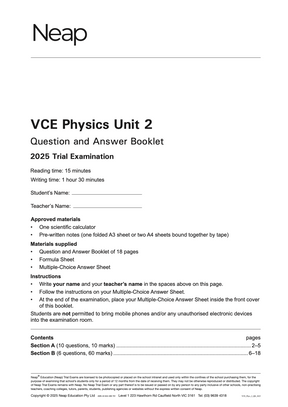 VCE Physics Units 1&2 Trial Exams booklet by Neap, displaying a white cover with black text for the 2025 Unit 2 examination.
