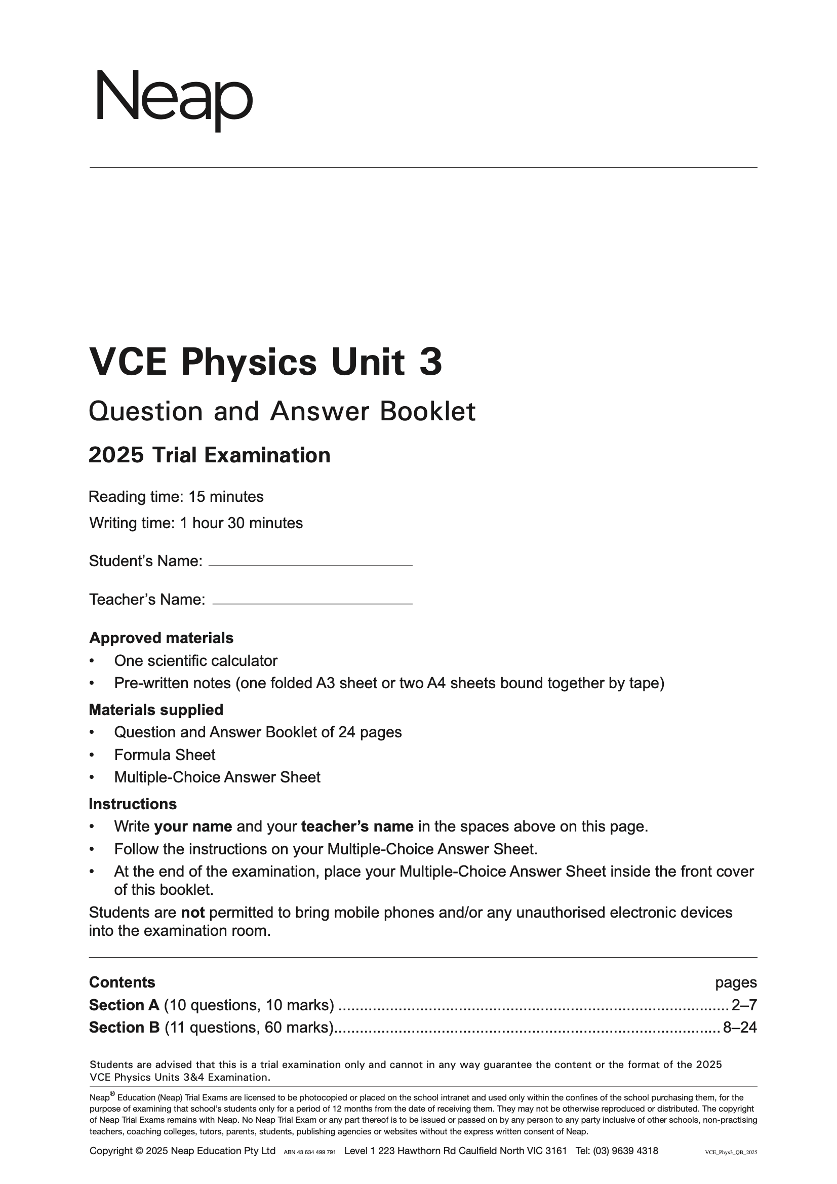 VCE Physics Units 3&4 Trial Exams