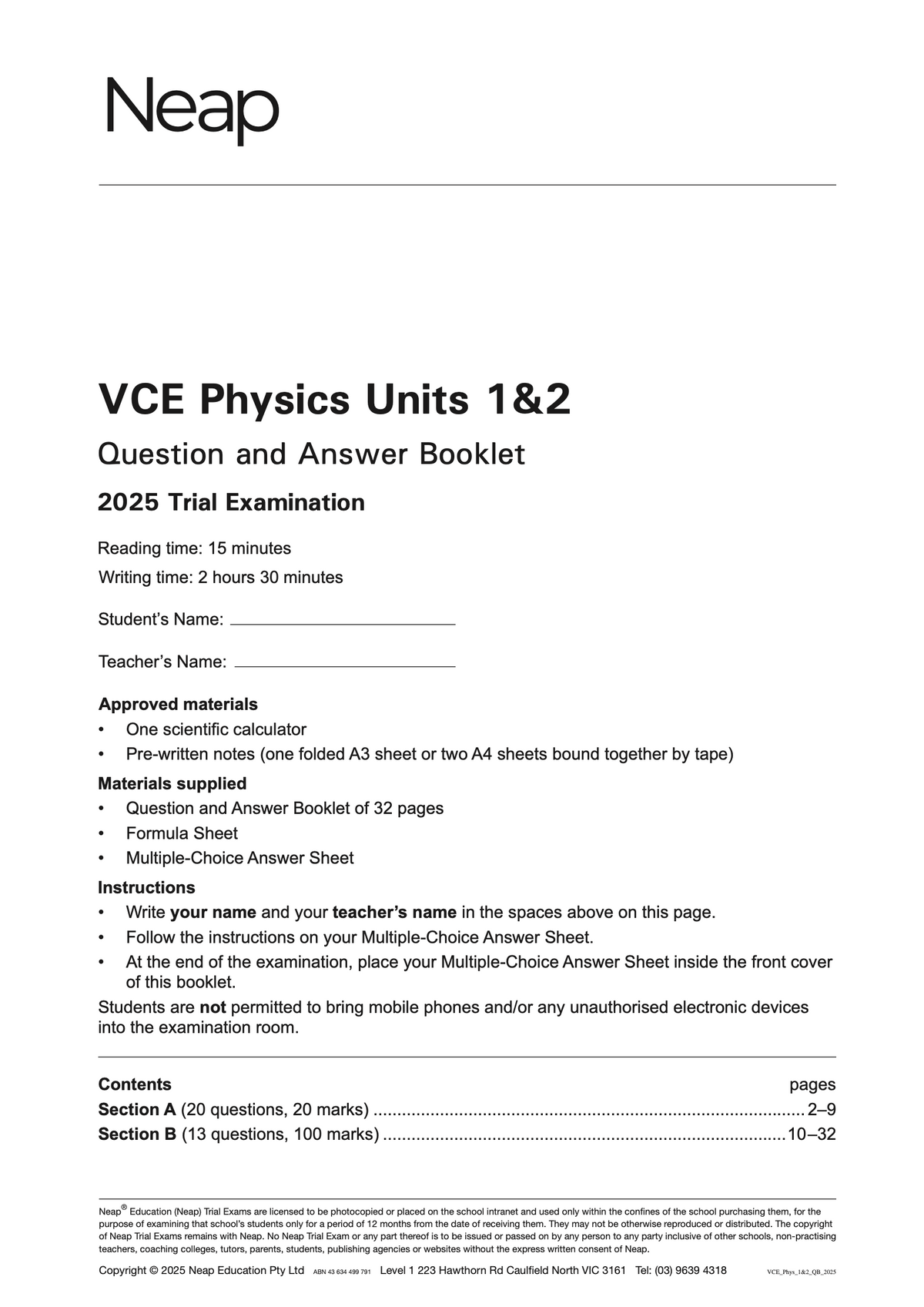 VCE Physics Units 1&2 Trial Exam booklet, white, by Neap, displaying the 2025 Trial Examination cover with details.