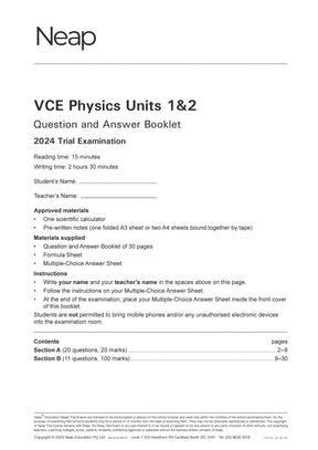 VCE Physics Units 1&2 Trial Exam booklet by Neap, front cover showing title and instructions in black text.