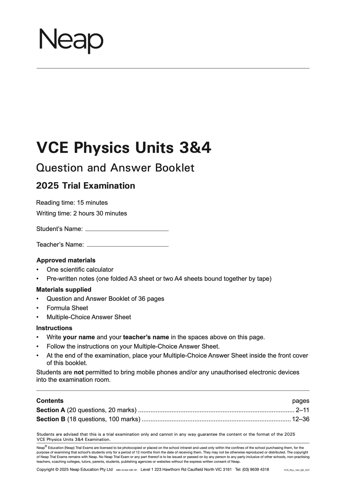 VCE Physics Units 3&4 Trial Examination Question and Answer Booklet by Neap, 2025 edition with content overview.