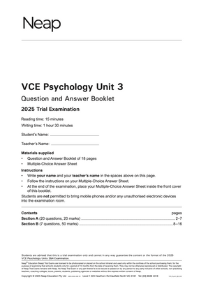 VCE Psychology Trial Examination booklet by Neap, featuring a white cover with black text for Unit 3 instructions and contents.
