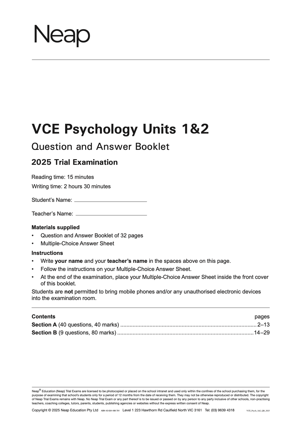 VCE Psychology Units 1&2 Question and Answer Booklet by Neap, white paper with "2025 Trial Examination" title and instructions.