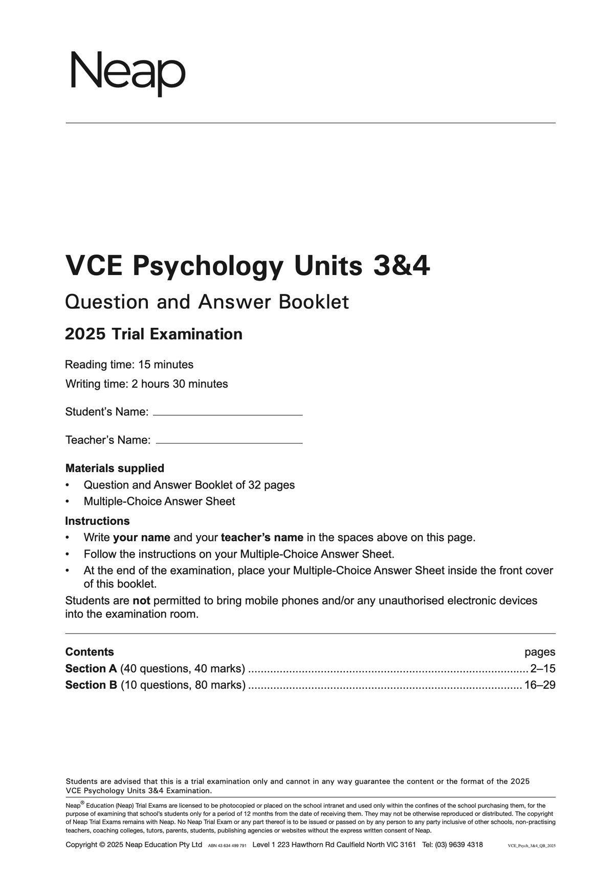 VCE Psychology Units 3&4 Trial Exams cover page by Neap, featuring exam title, instructions, and contents on a white background.