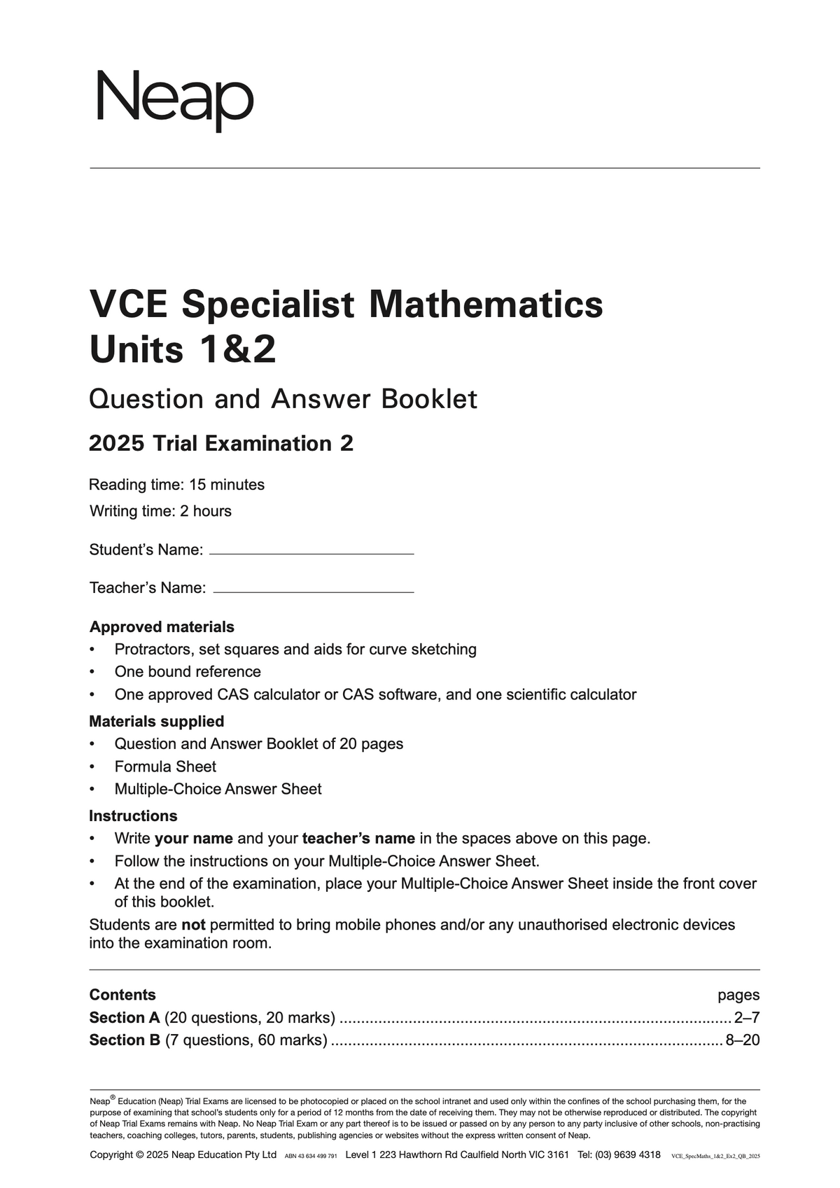 VCE Specialist Mathematics Units 1&2 Trial Exam booklet by Neap, featuring the 2025 Question and Answer cover.