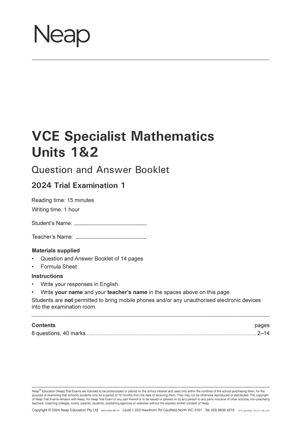 VCE Specialist Mathematics Units 1&2 Trial Exams