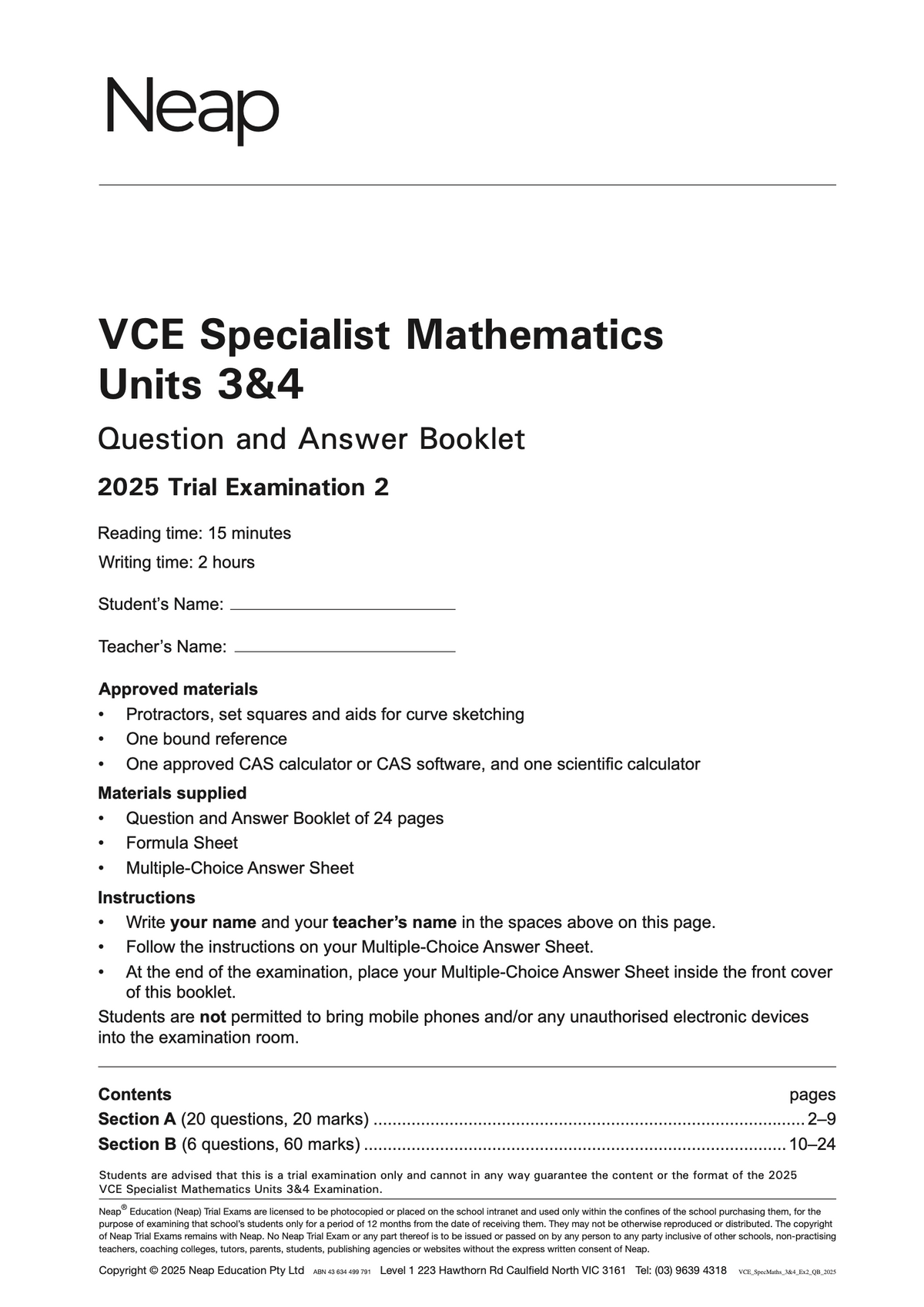 VCE Specialist Mathematics Units 3&4 Trial Examination 2 Question and Answer Booklet by Neap, detailing exam instructions and contents.