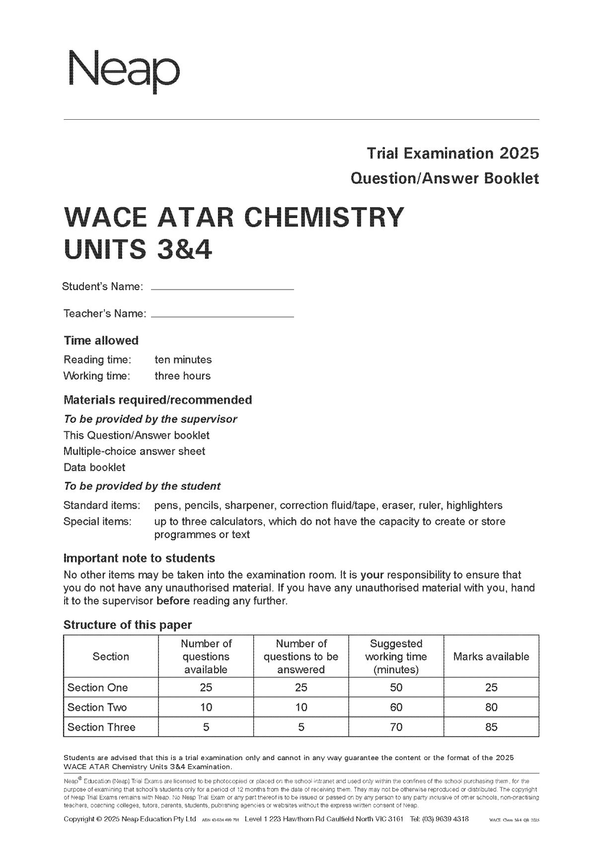 WACE ATAR Chemistry Units 3&4 Trial Exams