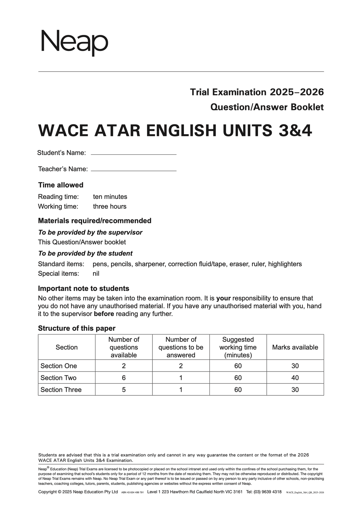 White trial examination booklet for WACE ATAR English Units 3&4 by Neap, featuring cover details, instructions, and paper structure table.