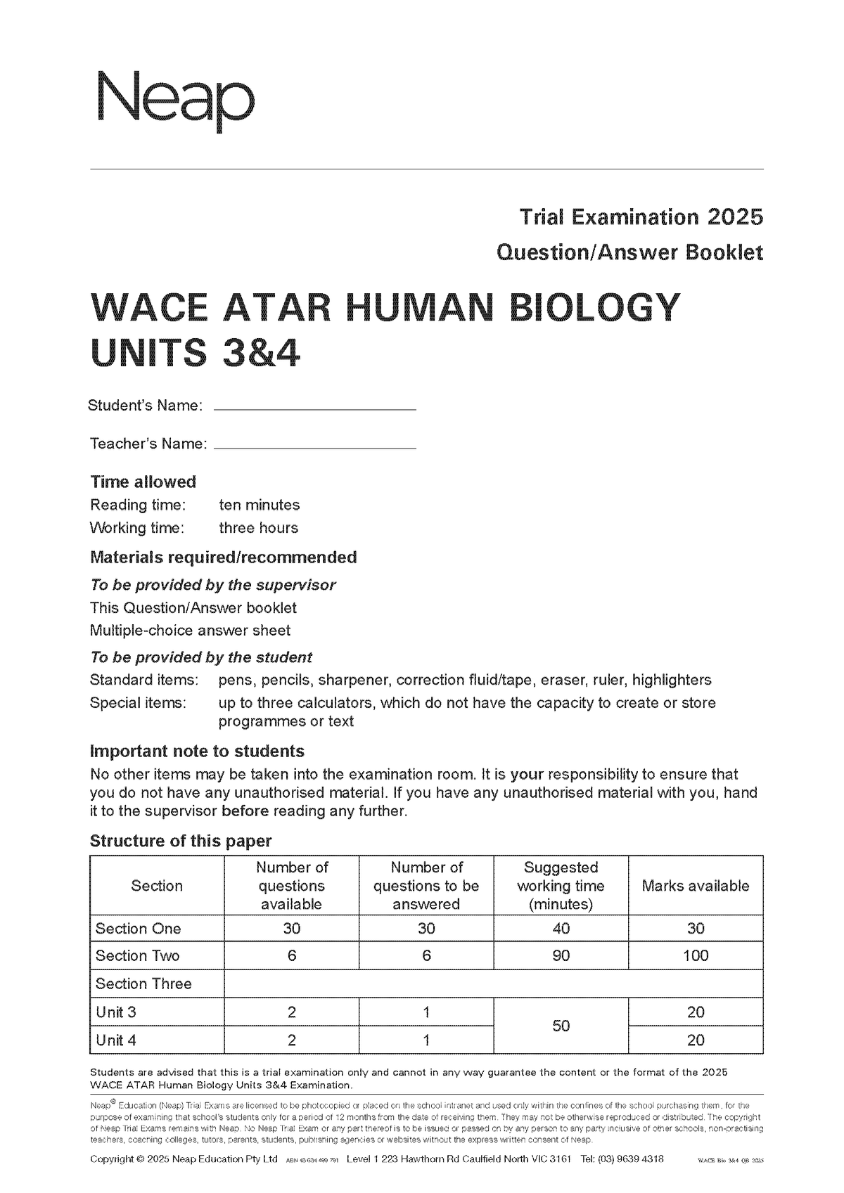 WACE ATAR Human Biology Units 3&4 Trial Exams