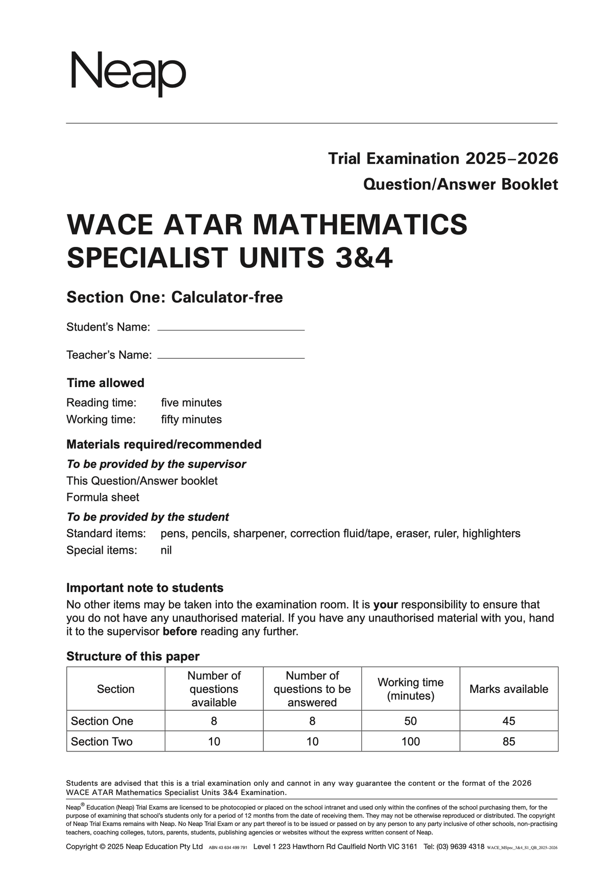 WACE ATAR Mathematics Specialist Units 3&4 trial exam booklet by Neap, with cover page text 'Trial Examination 2025-2026'.