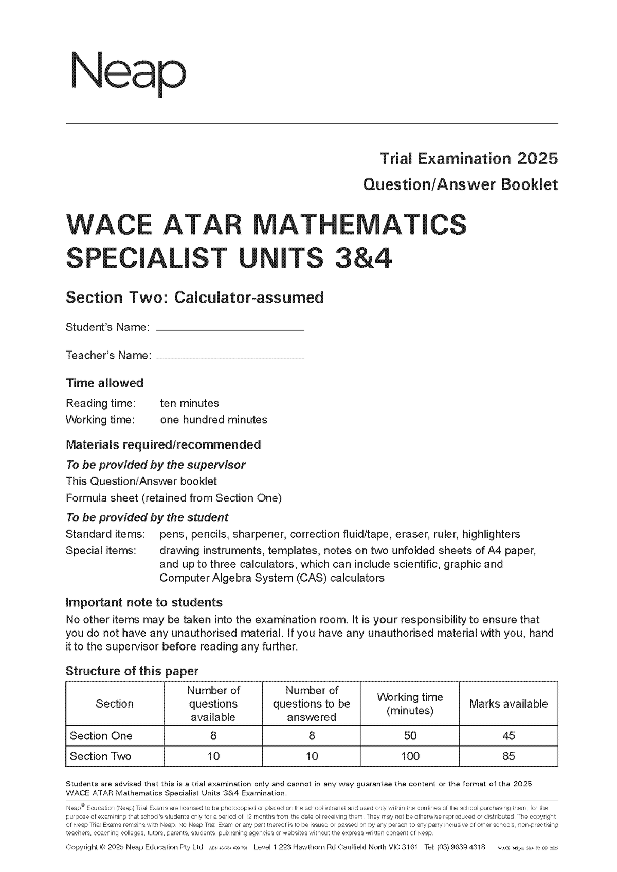 WACE ATAR Mathematics Specialist Units 3&4 Trial Exams