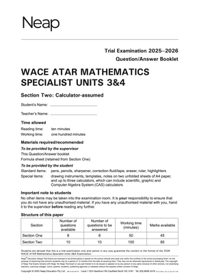 White Trial Examination Question/Answer Booklet for WACE ATAR Mathematics Specialist Units 3&4 by Neap, displaying exam details and a structure table.
