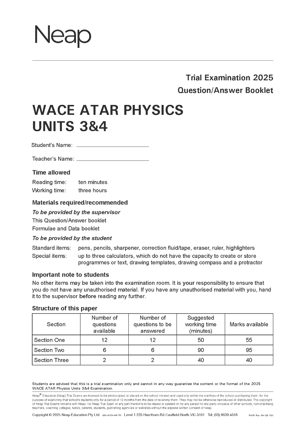 WACE ATAR Physics Units 3&4 Trial Exams