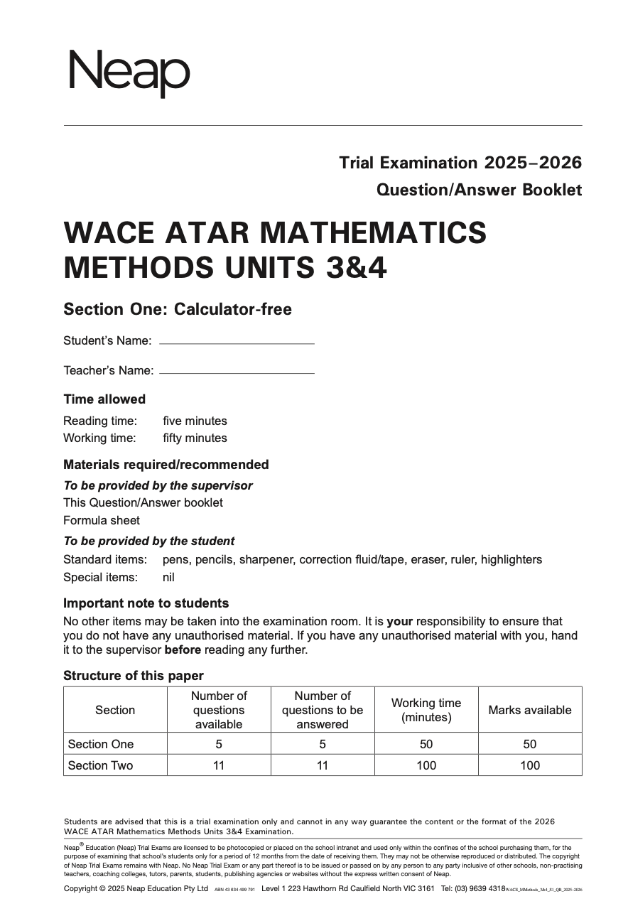 WACE ATAR Mathematics Methods Units 3&4 Trial Exams