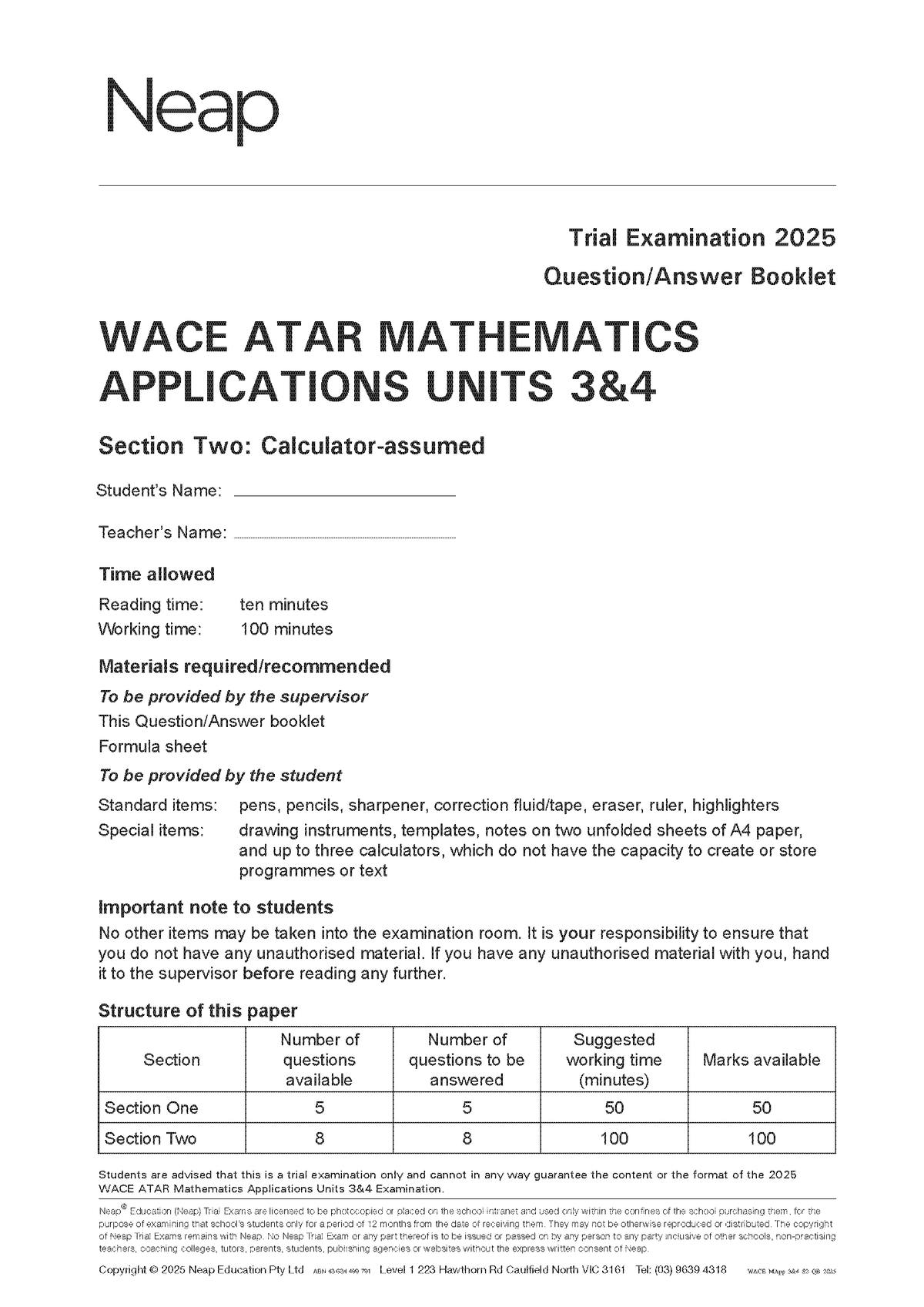 WACE ATAR Mathematics Applications Units 3&4 Trial Exams