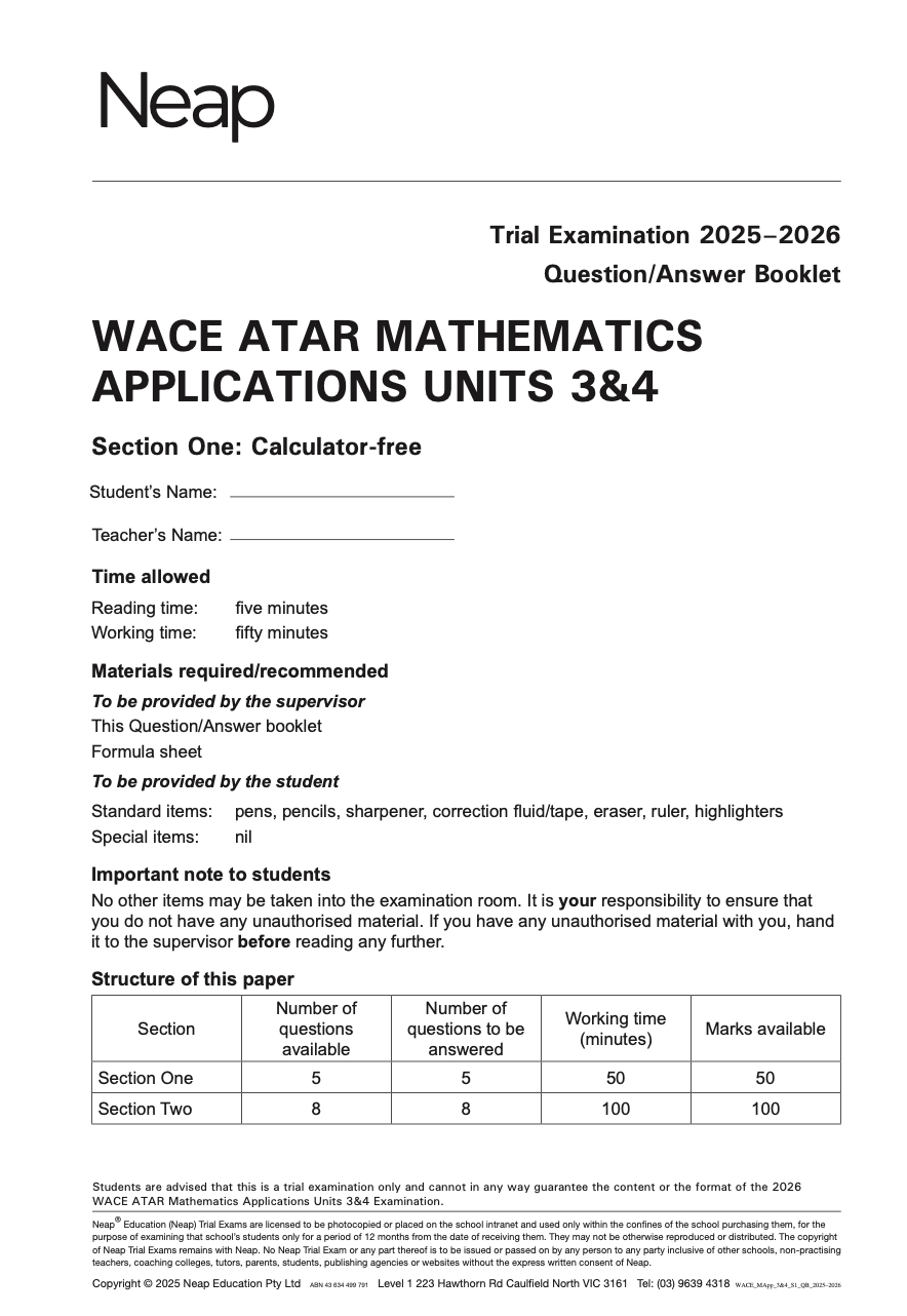 WACE ATAR Mathematics Applications Units 3&4 Trial Exams
