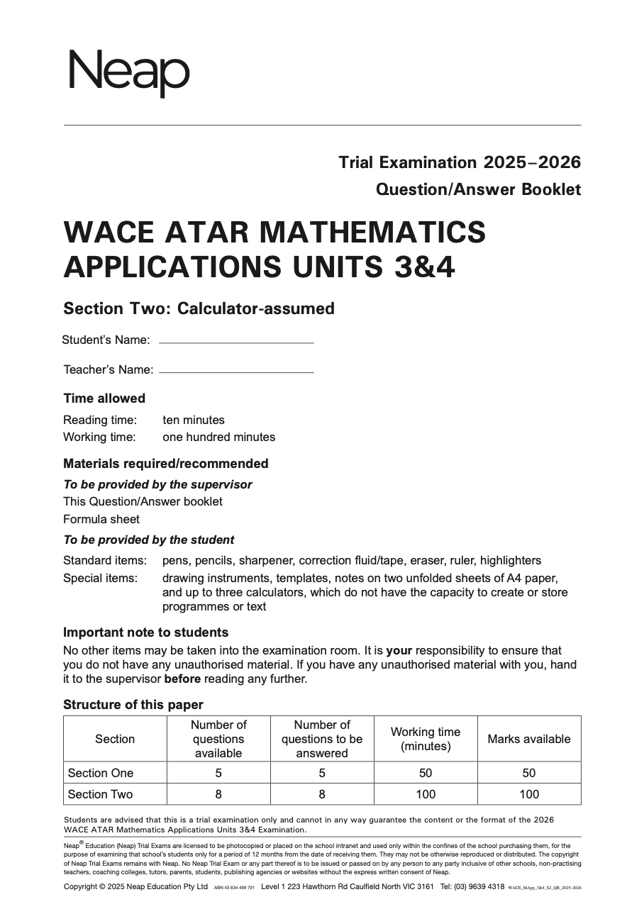WACE ATAR Mathematics Applications Units 3&4 Trial Exams