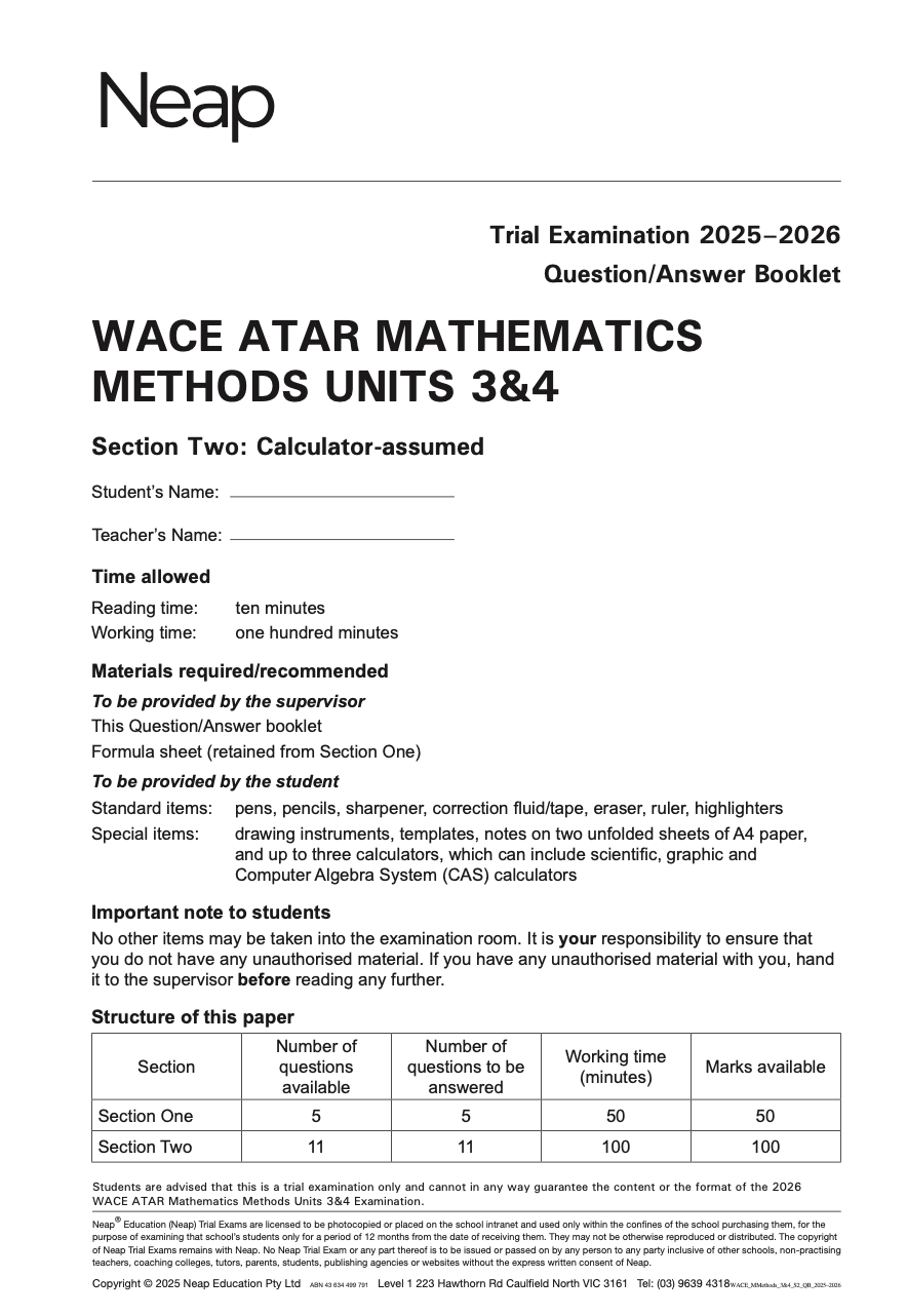 WACE ATAR Mathematics Methods Units 3&4 Trial Exams