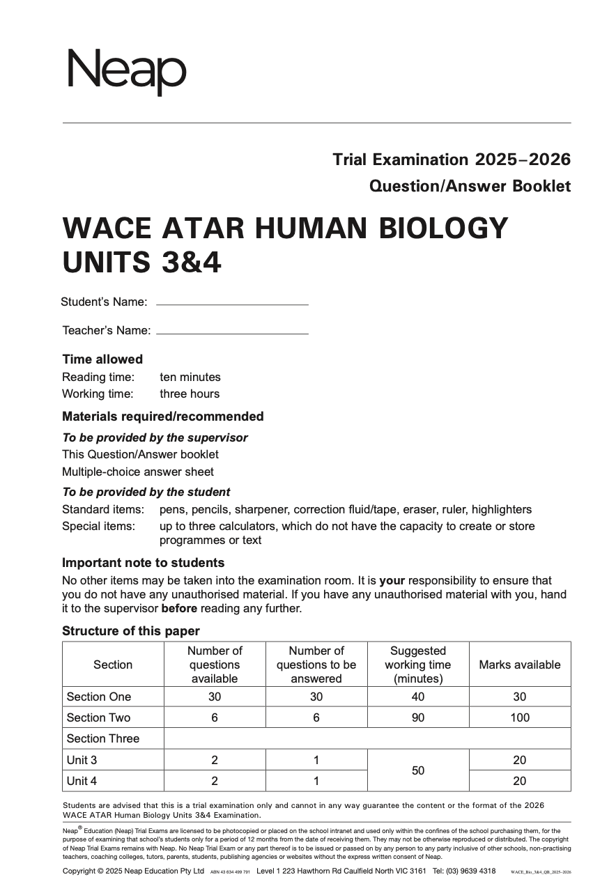 Trial Examination Booklet by Neap for WACE ATAR Human Biology Units 3&4, dated 2025-2026, showing exam structure.