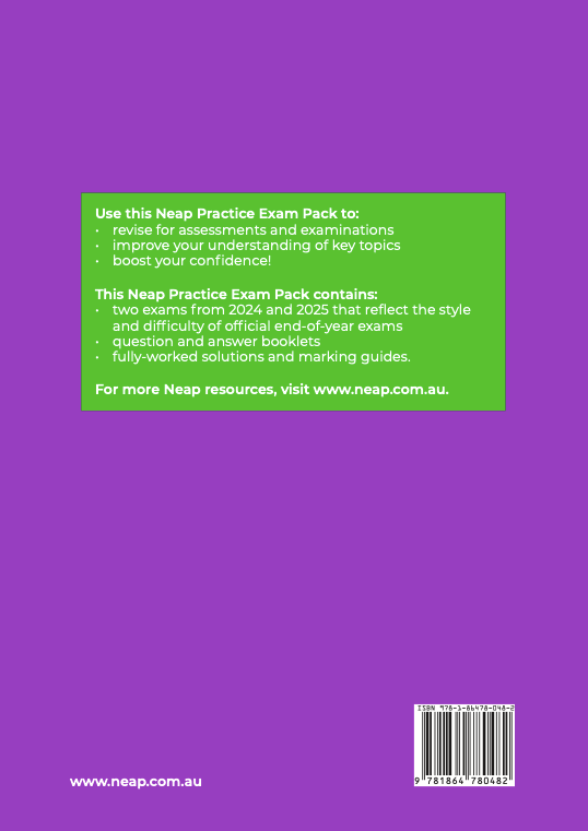 Purple back cover of a Practice Exam Pack by Neap, featuring a green information box, website address, and barcode.