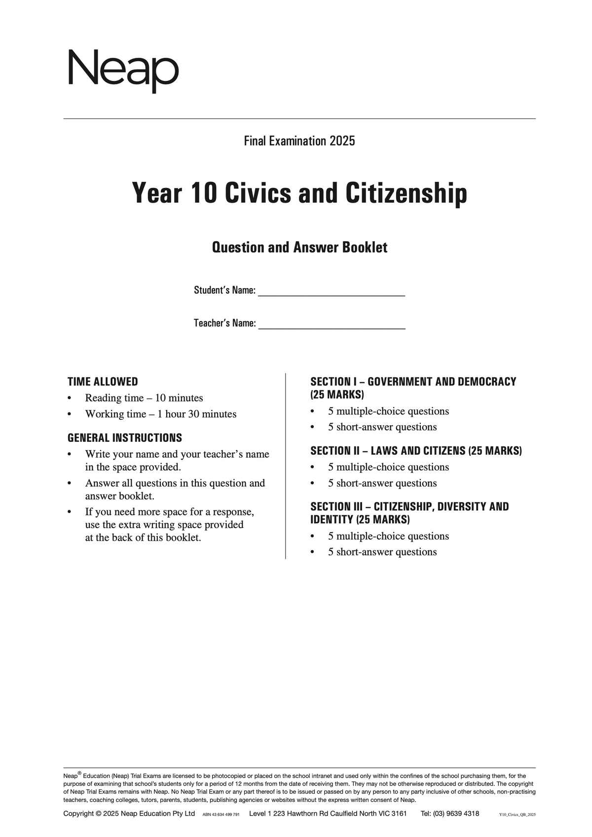 Year 10 Civics and Citizenship Trial Exams booklet by Neap, featuring the 2025 exam cover with instructions and sections.