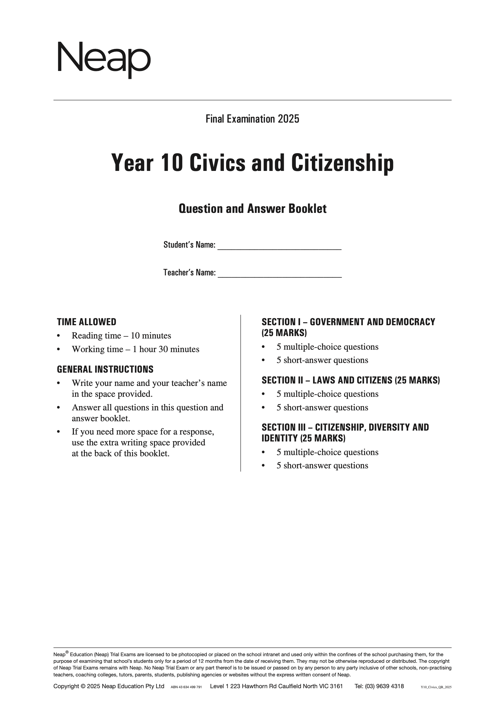 Year 10 Civics and Citizenship Trial Exams booklet by Neap, featuring the 2025 exam cover with instructions and sections.