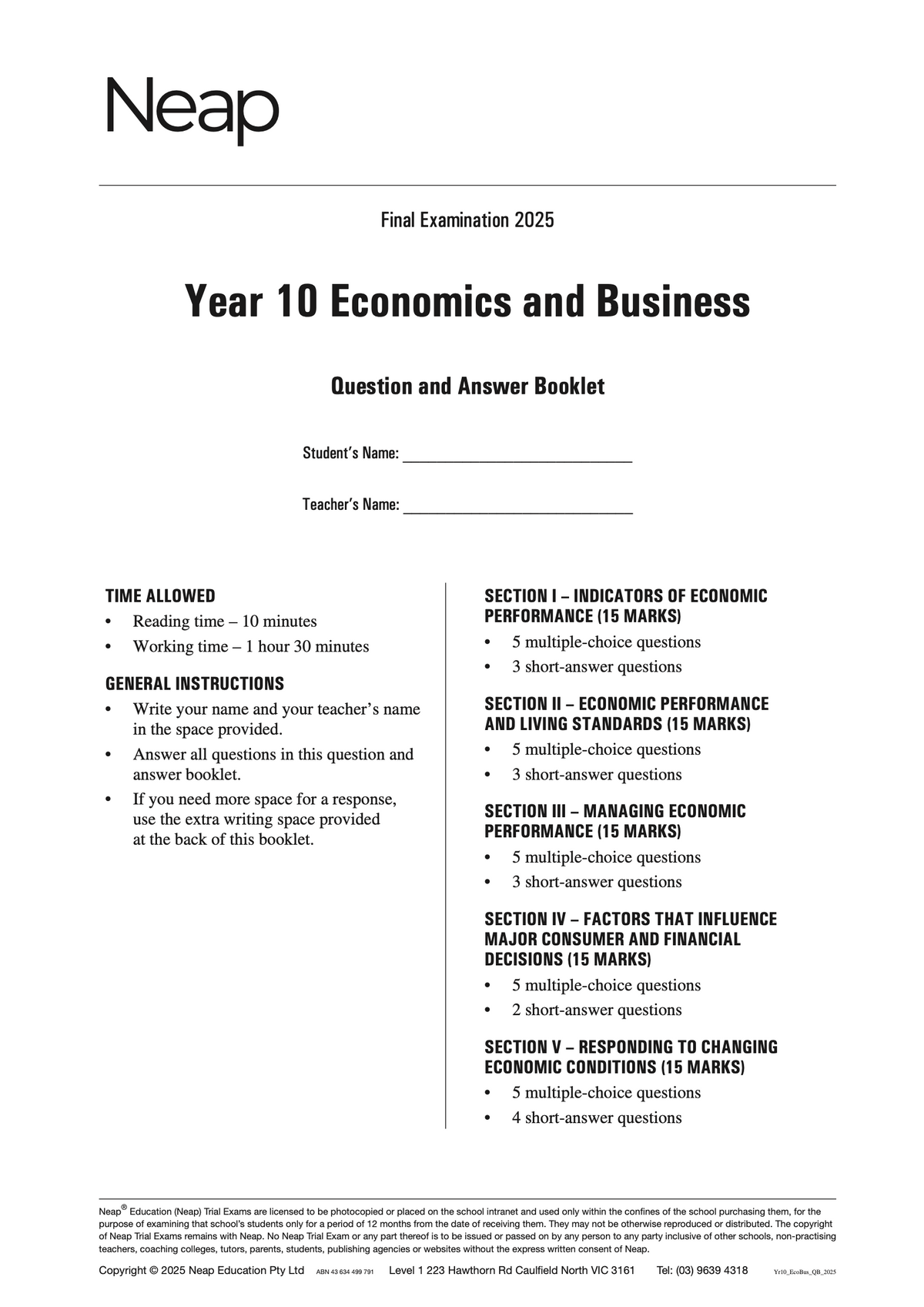 Year 10 Economics and Business trial exam booklet by Neap Education, with a white cover displaying black text for the Final Examination 2025.