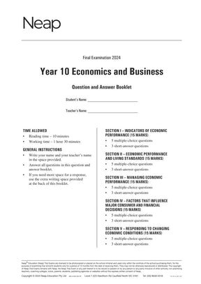 Year 10 Economics and Business Trial Exam Booklet by Neap, black and white text, titled "Final Examination 2024", with exam sections and instructions.