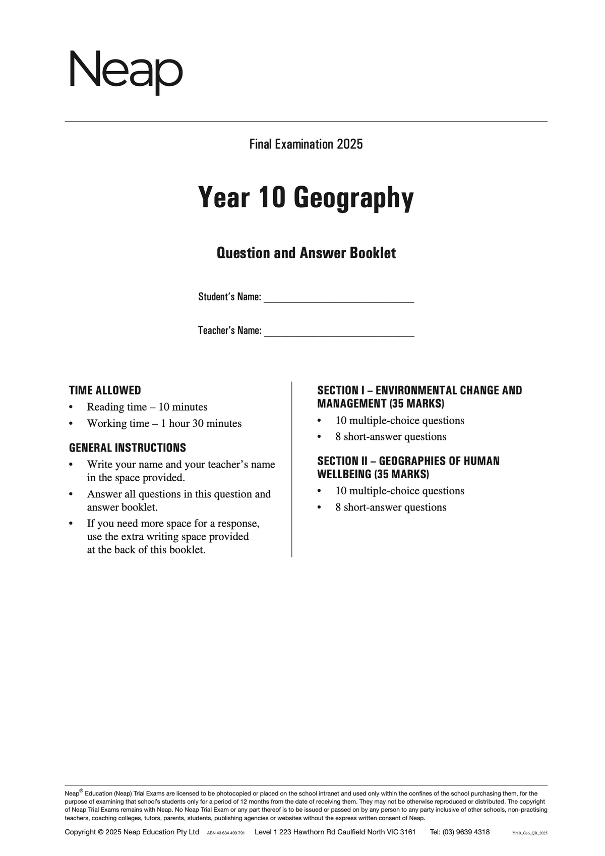 Year 10 Geography Trial Exam booklet by Neap, displaying "Final Examination 2025" and general instructions on its front cover.